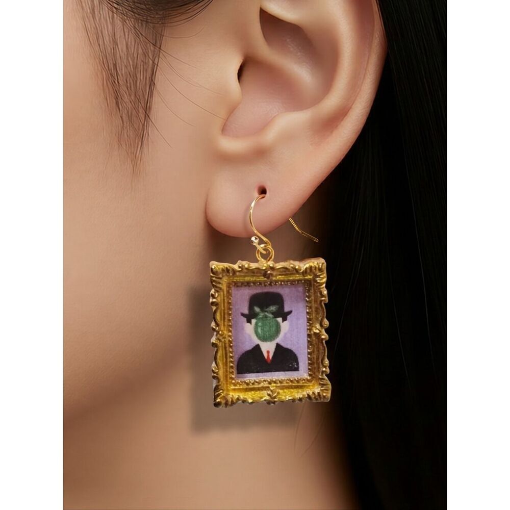 Son of Man Portrait Art Earrings Ornate Gold Frame Surreal Apple Face Painting